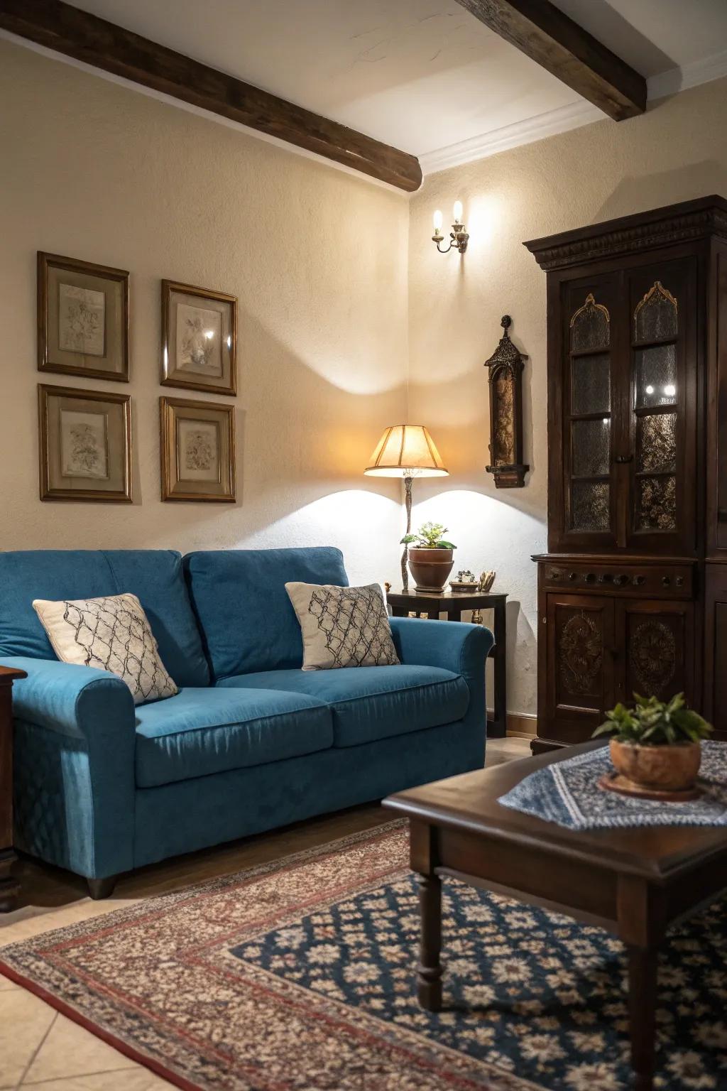 Deep wood contrasts beautifully with a cerulean couch.