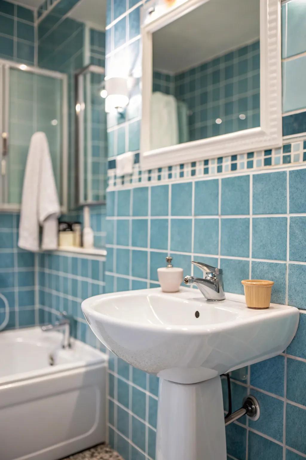 Azure and snow-white create a timeless and revitalizing washroom color scheme.
