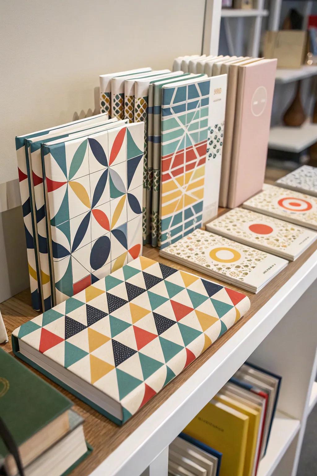 Symmetrical patterns deliver current sophistication to tome coverings.
