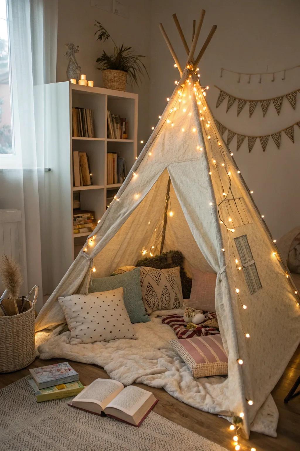 A play tent corner that provides a magical reading venture.