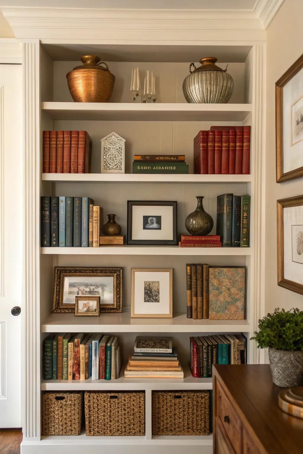 Balance on a bookshelf crafts a harmonious and cohesive spectacle.