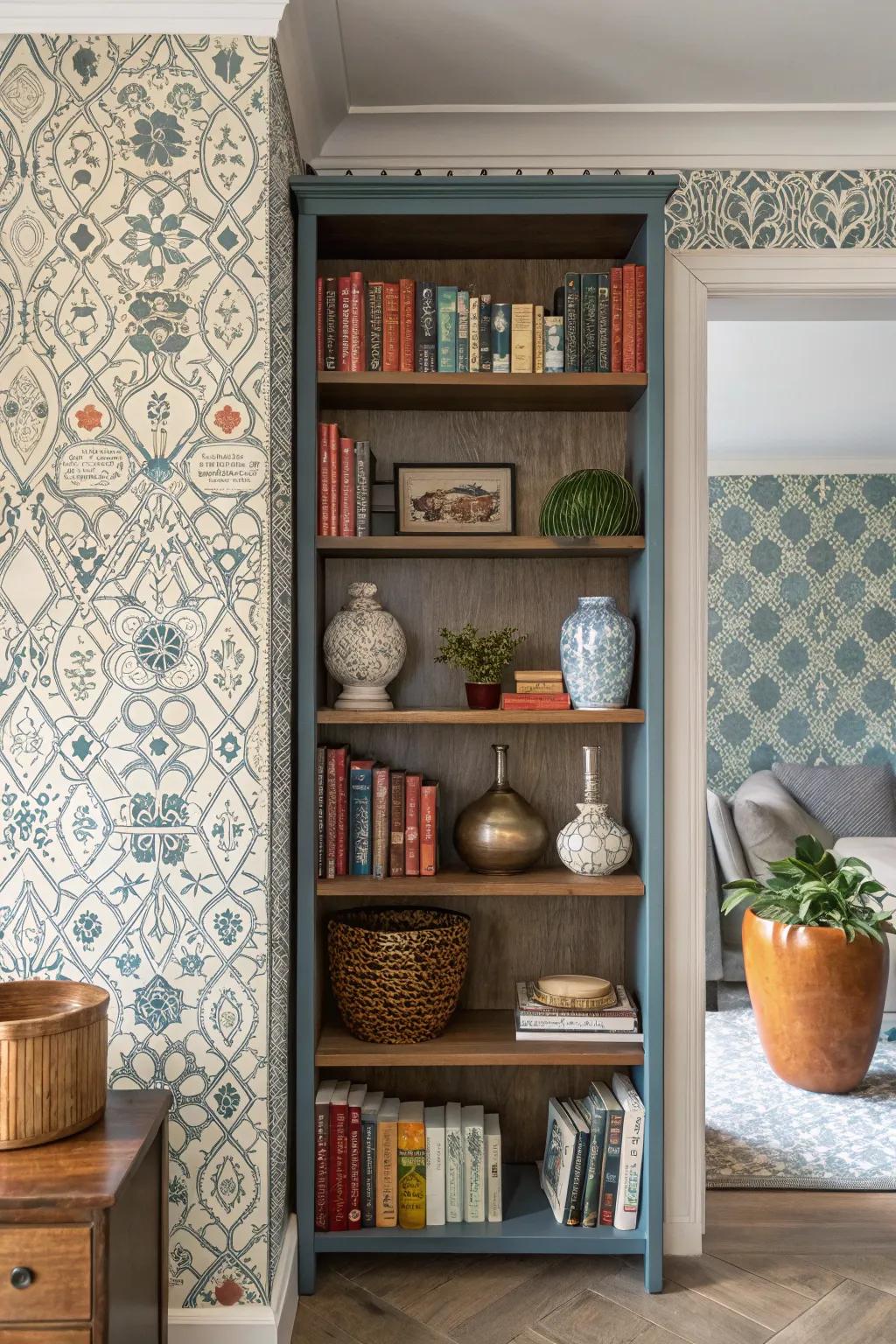 A bookshelf featuring a medley of diverse patterned wall coverings, culminating in an eclectic aesthetic.