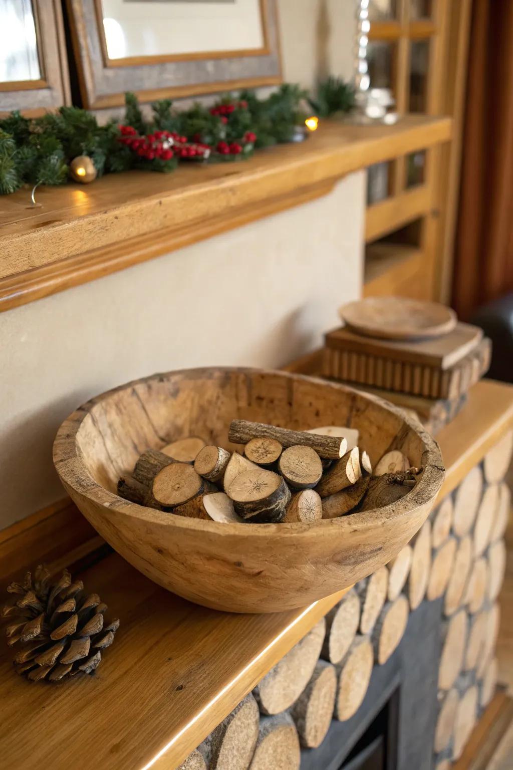 A woodsy bowl highlighting small wooden slices for a natural touch