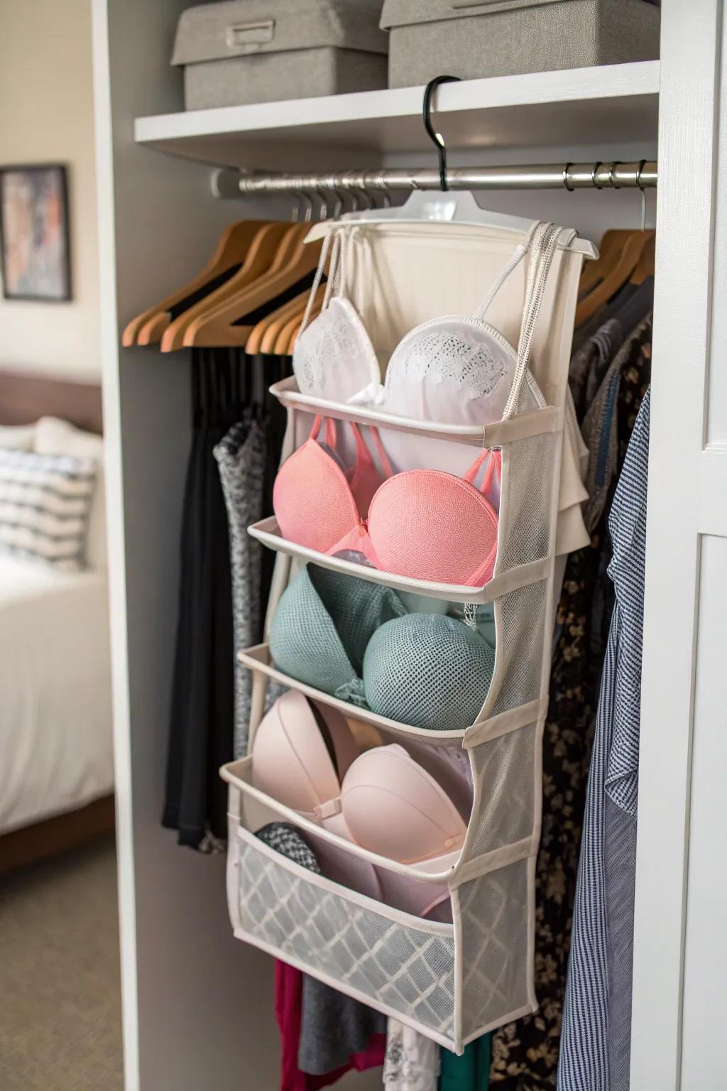 Get creative with a tiered file caddy for bra storage.