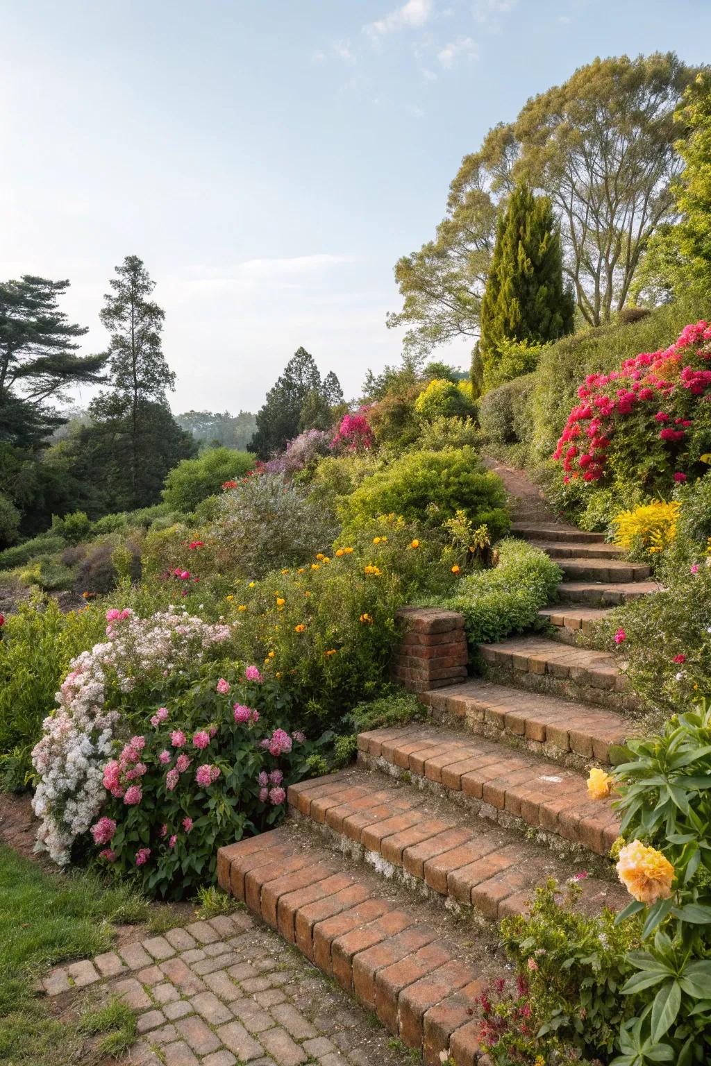 Brick steps harmoniously combined into a garden.