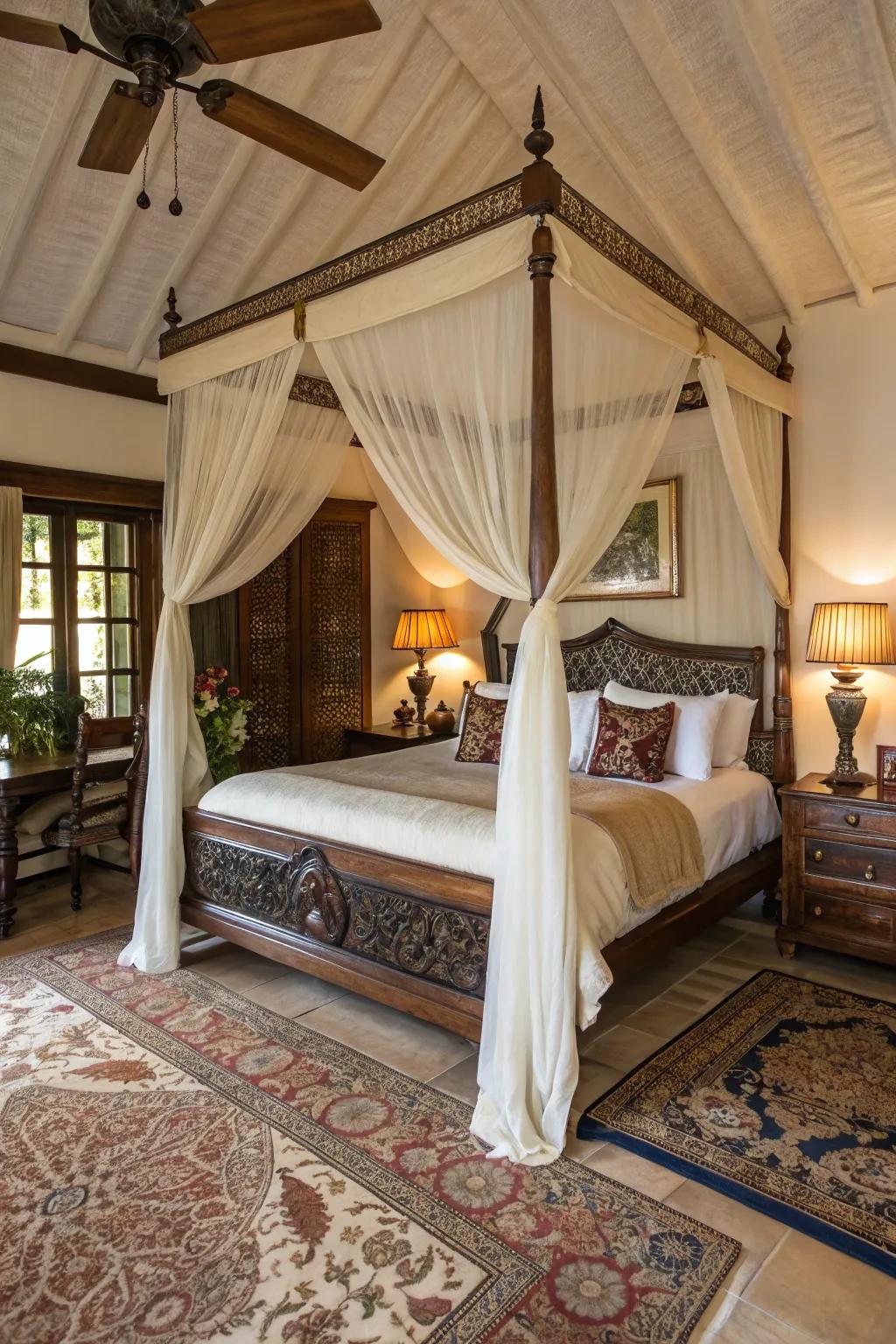 A canopy cot infuses elegance and theatrics to the sleeping chamber.