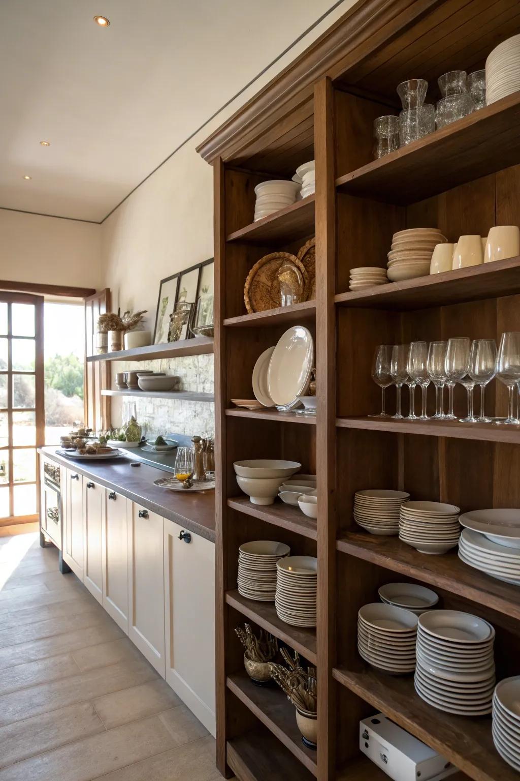 Open shelving in brown tones introduces flair and practicality.