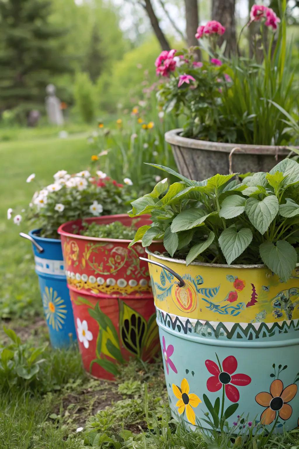 Reclaimed buckets reinvented as captivating garden planters.