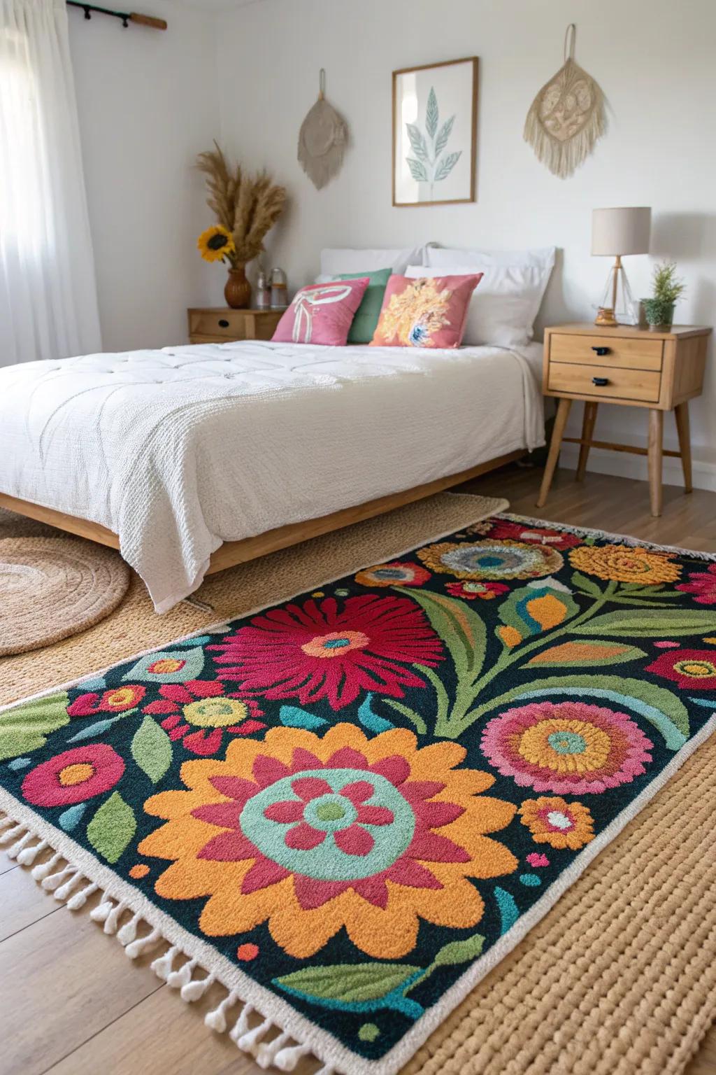 A vibrant rug adds warmth and defines the bedroom area.