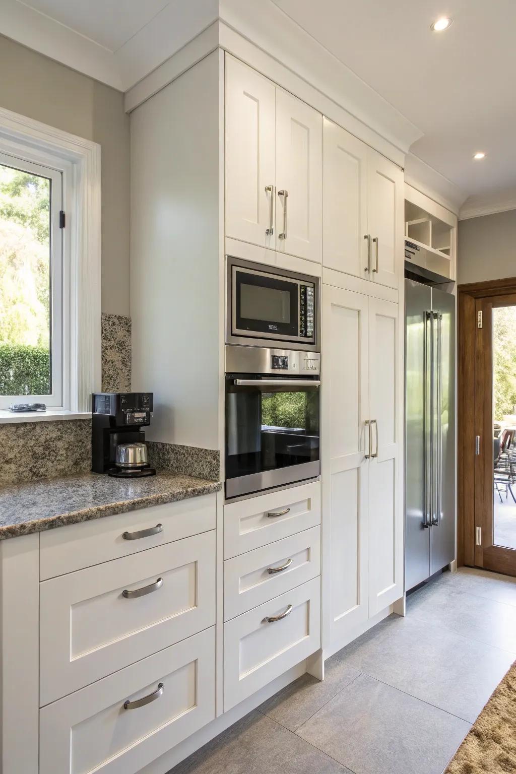 Contemporary kitchen featuring a microwave integrated into a full-height unit.