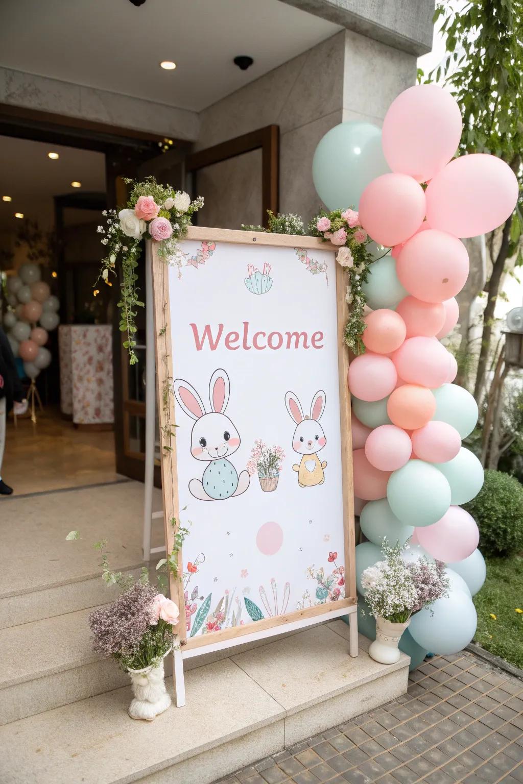 A welcoming rabbit-concept sign greets guests at the entrance.