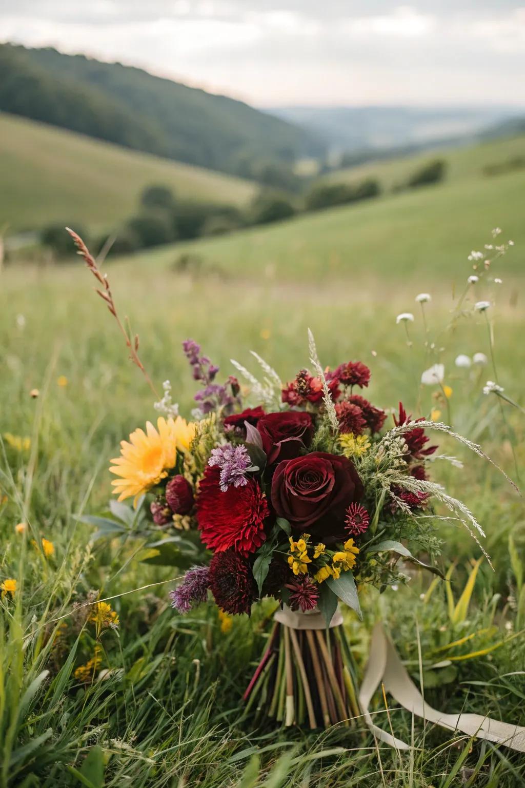 Burgundy bouquet accented with wildflowers.