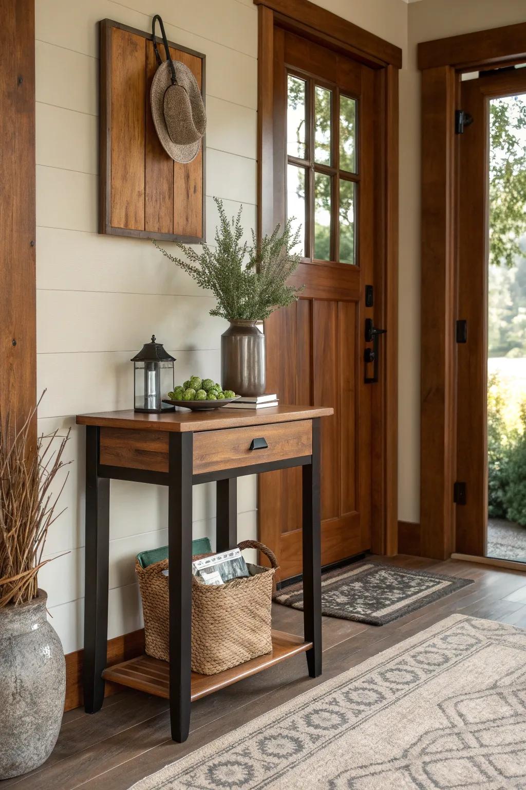 Elevate your entranceway with a captivating wooden accent table that blends purpose and flair.