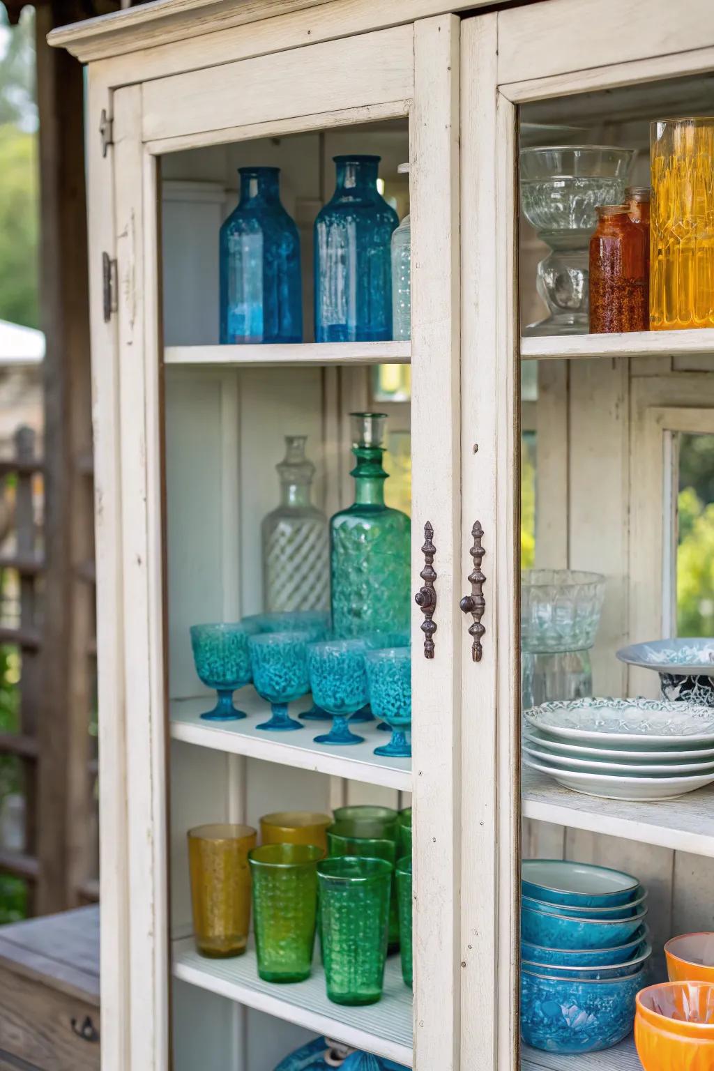 Glass-front cabinetry elegantly showcases vintage glassware.