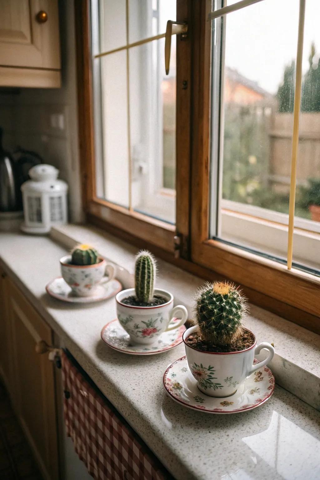 Antique tea cups provide a playful place for tiny cacti.