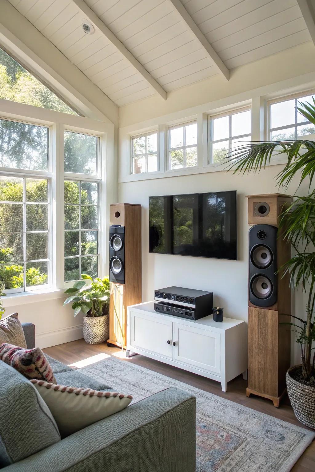 TV and sound arrangement in a California room for amusement.