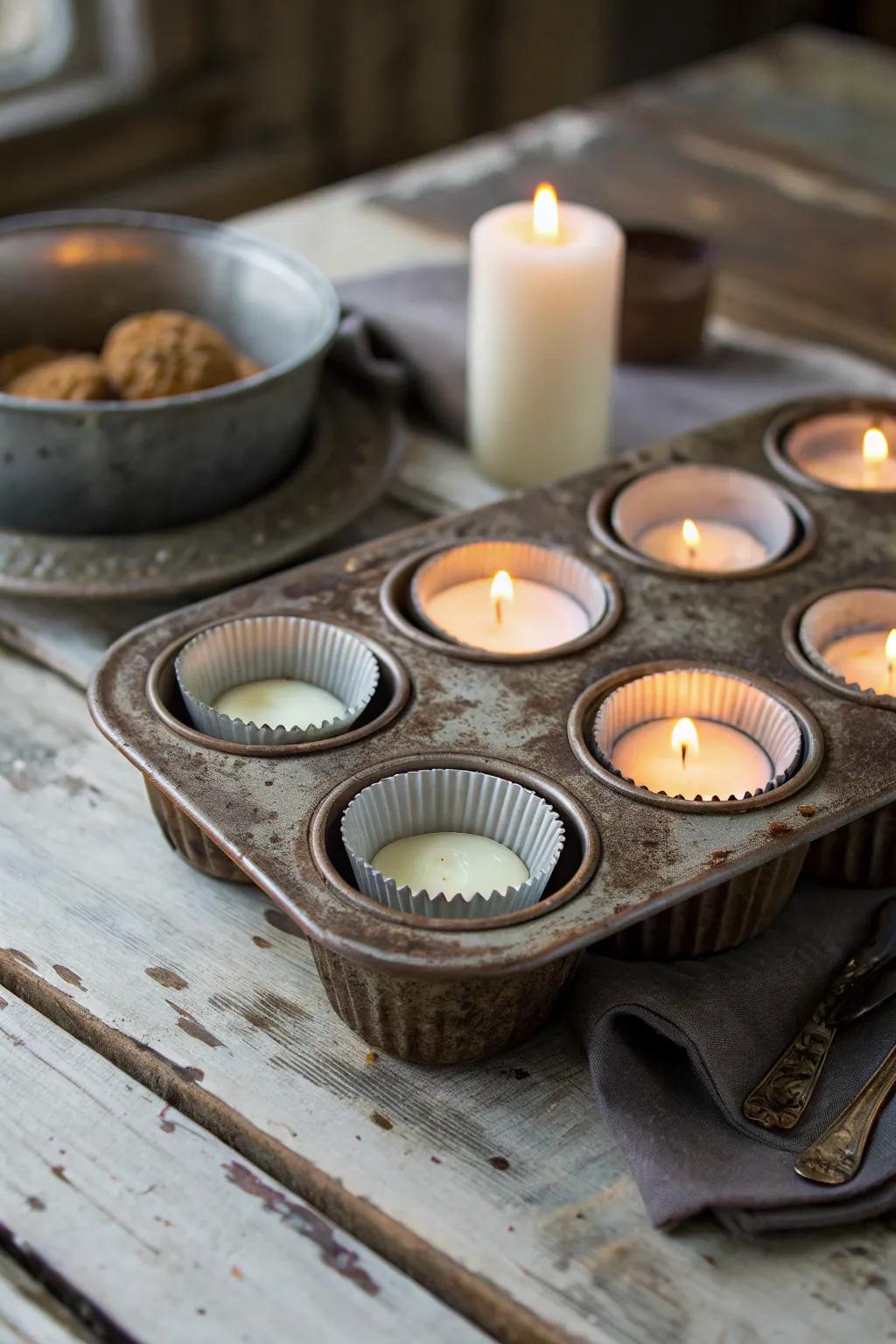 Captivating antique baking pan light display.