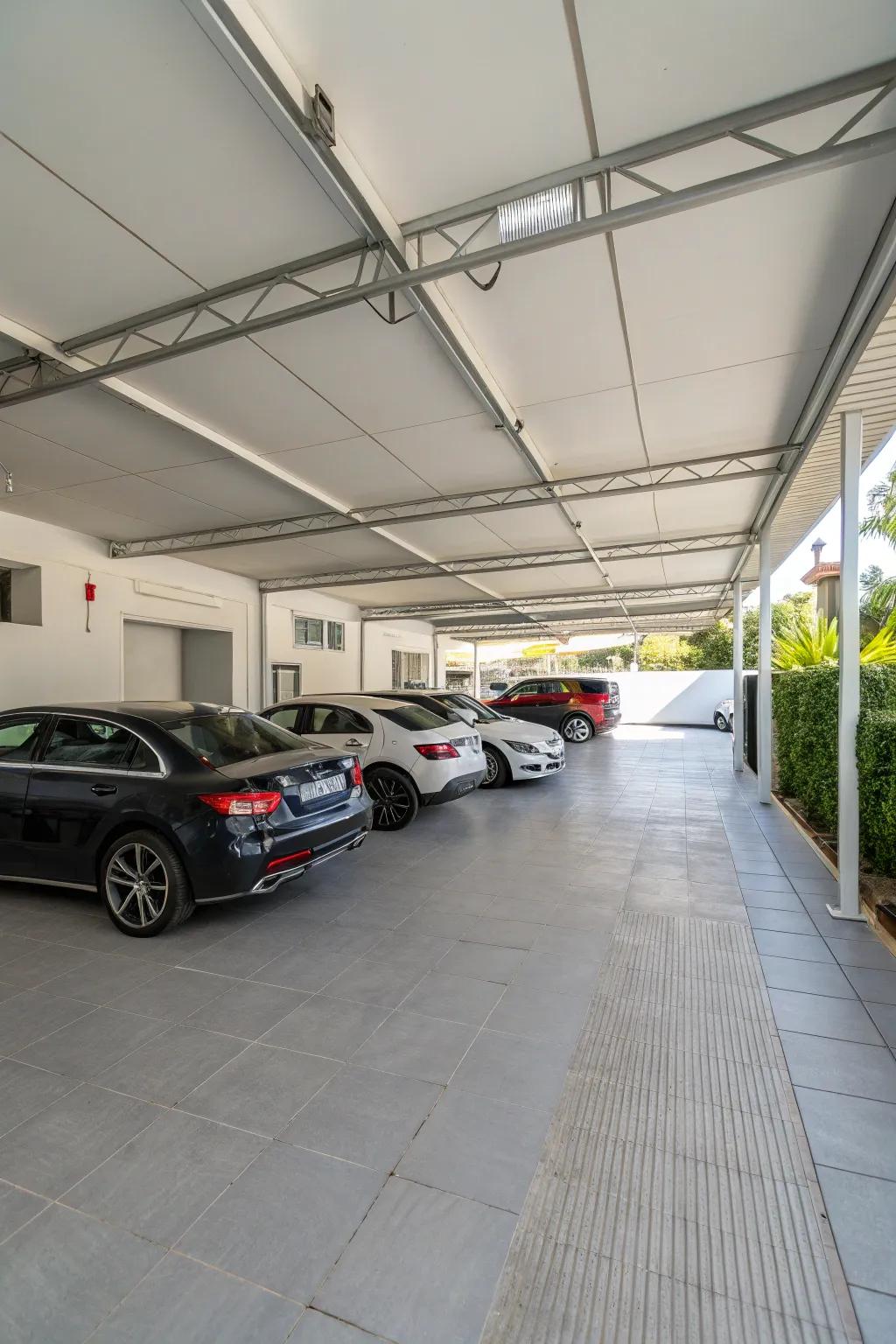 A carport with a functional layout, providing ample space for multiple vehicles.