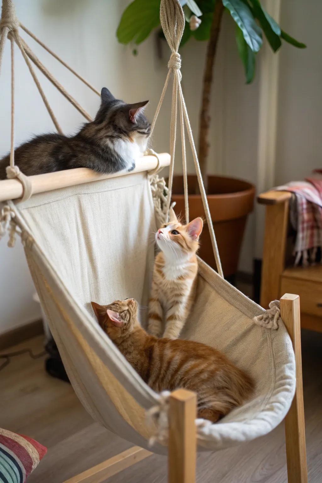 A handmade hammock beneath a chair, ideal for a cat’s swinging lounge.