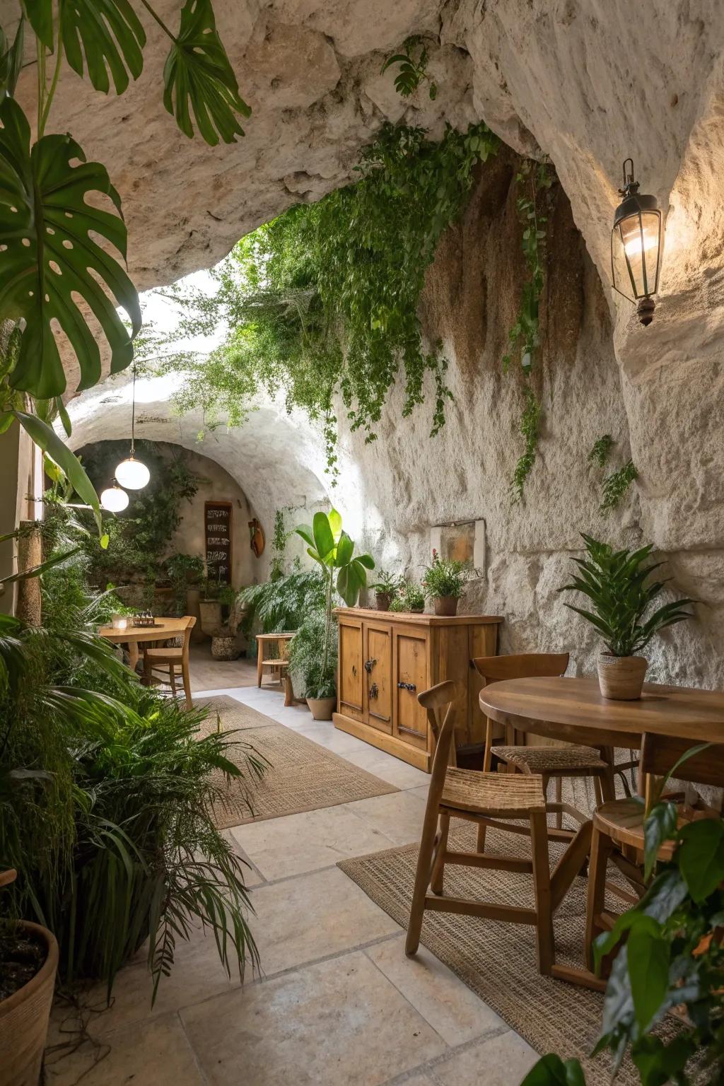 Nature-inspired components bring vibrancy to your cave décor.