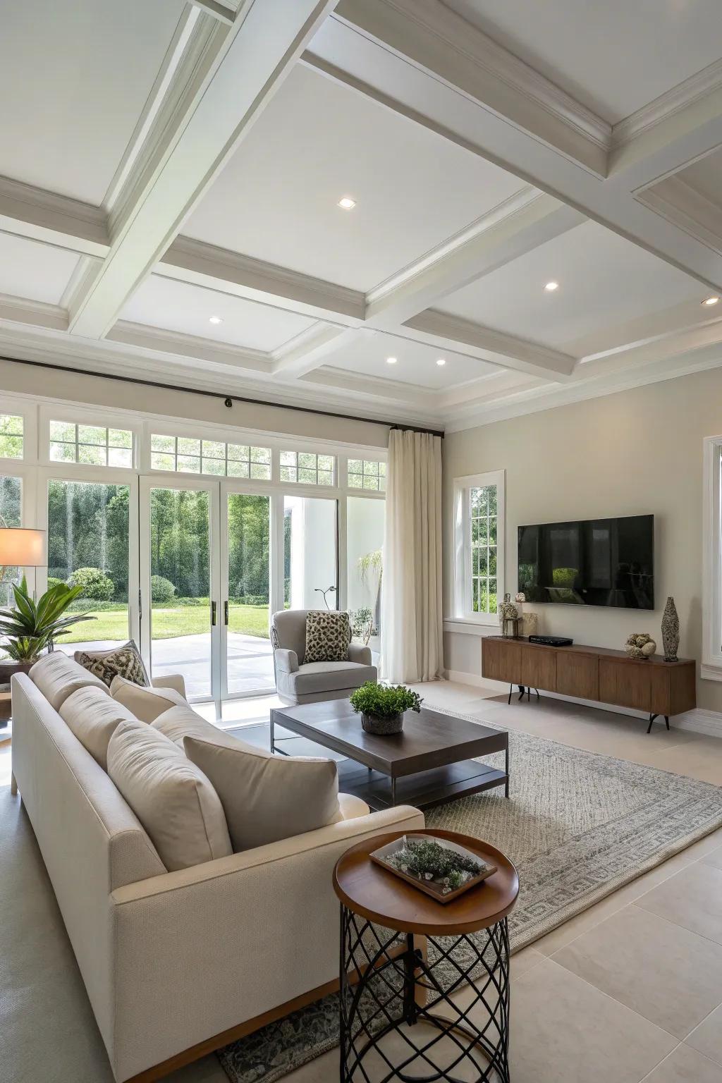 A timeless minimalist ceiling is created with smooth finishes and neutral tones.