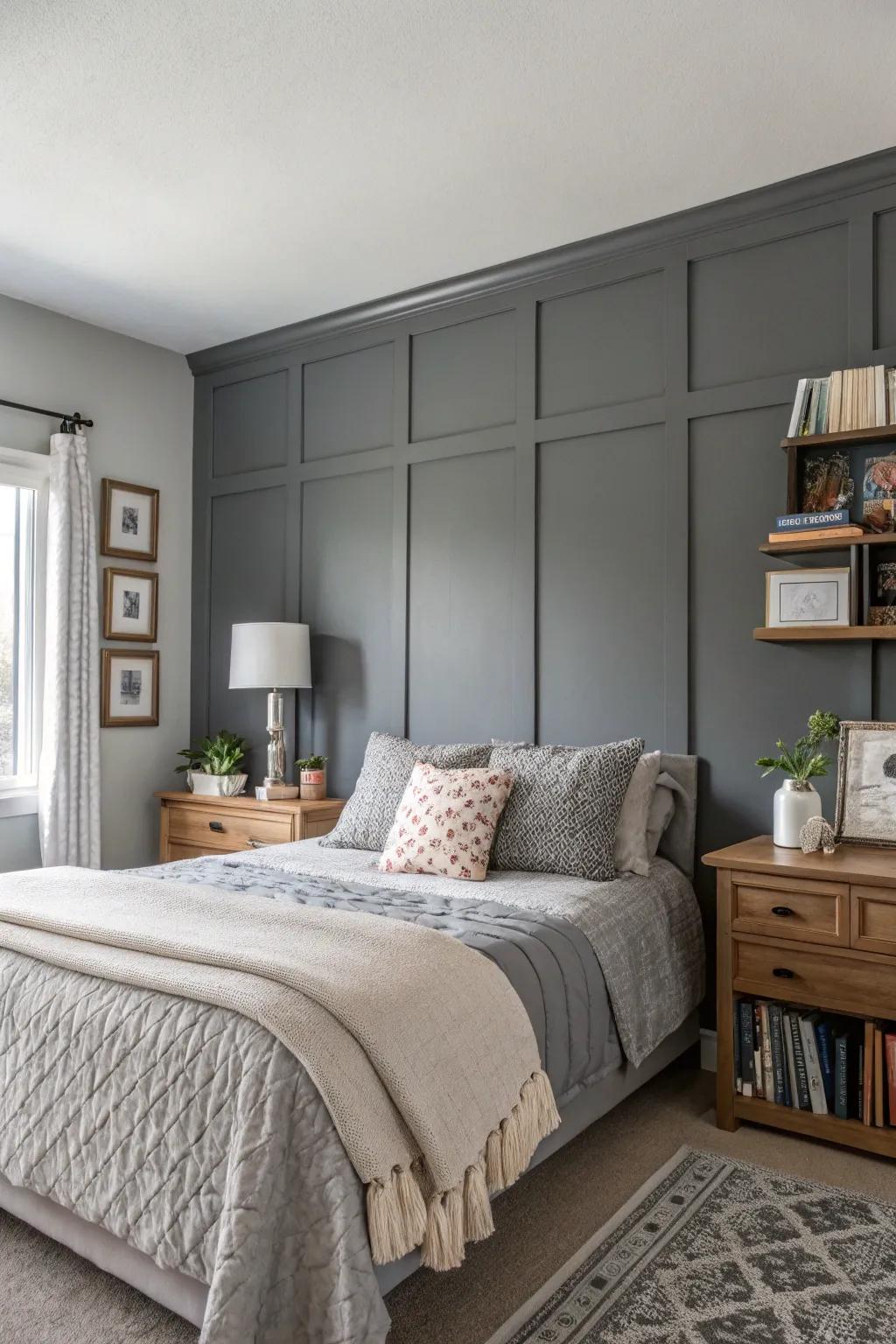 An ash accent wall enhances depth and drama.
