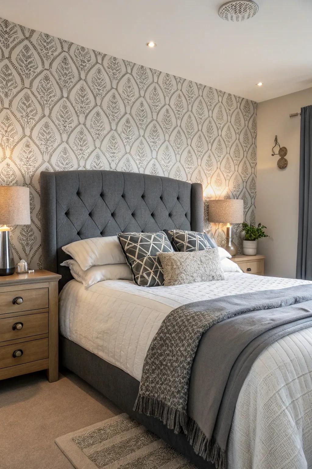 Patterned wallpaper provides a stunning backdrop for a grey headboard.