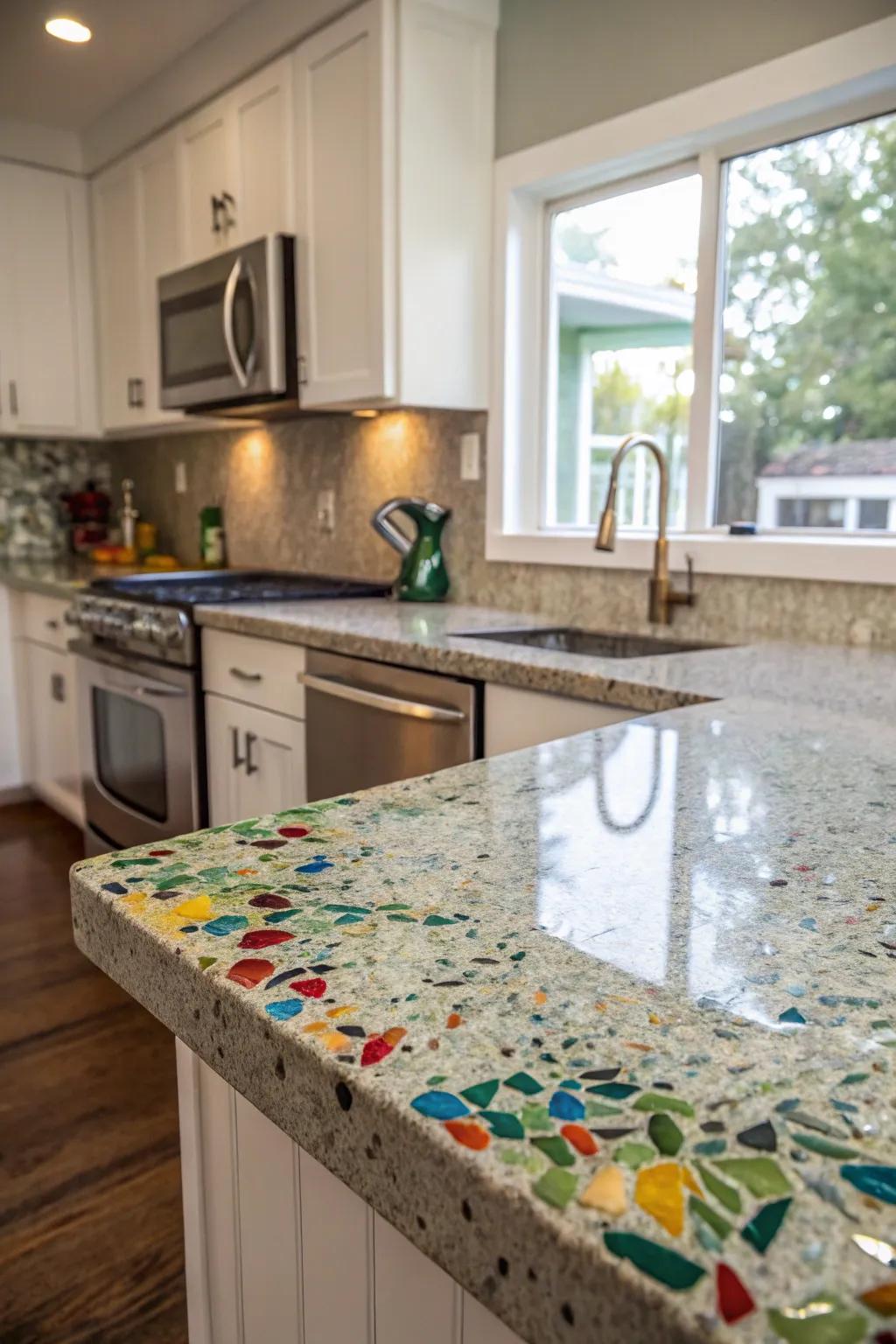 Green kitchen with reused glass countertops.