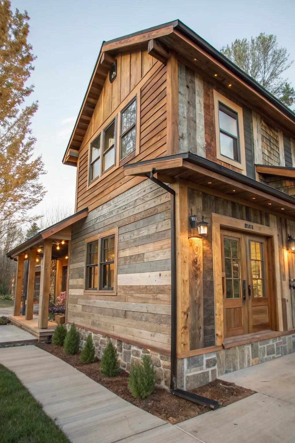 Reclaimed wood siding adds character and sustainability.