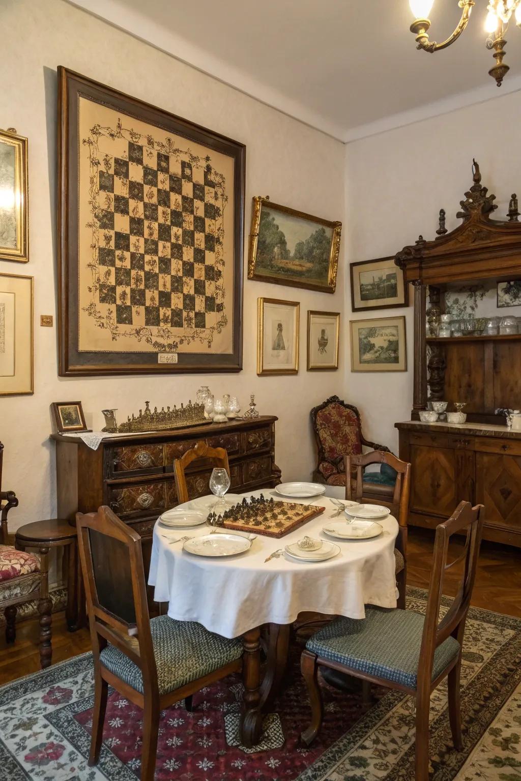 Nostalgic chess art melds flawlessly with antique decor.