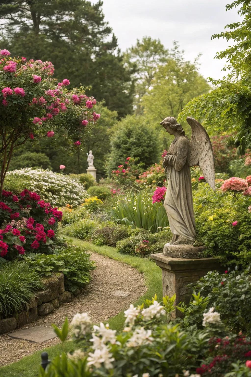 Garden figures with faith-based themes enhance the peace of outdoor spaces.