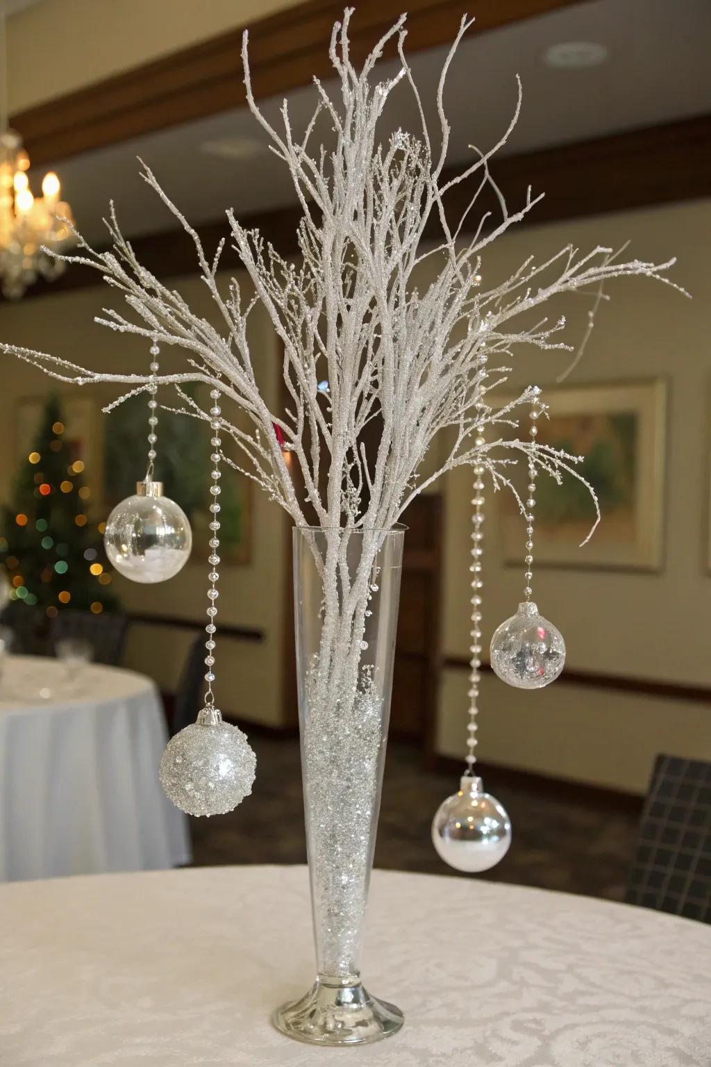 Snowy branches with crystals design an elegant and timeless centerpiece.