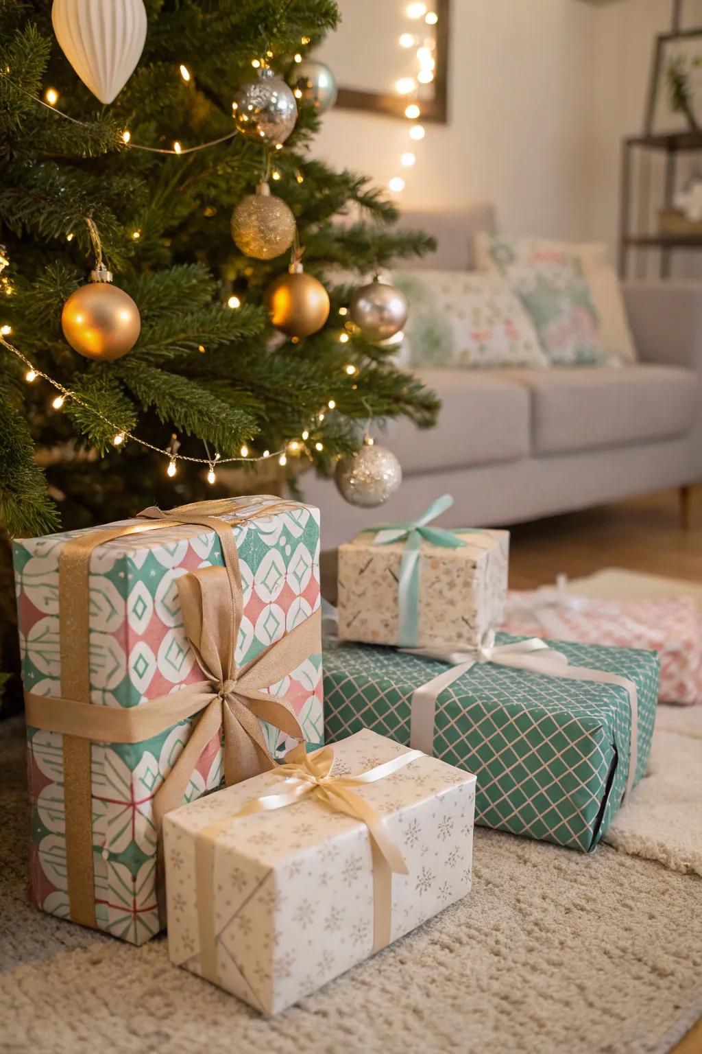 Beautifully coordinated gifts enhancing the festive atmosphere beneath the tree.
