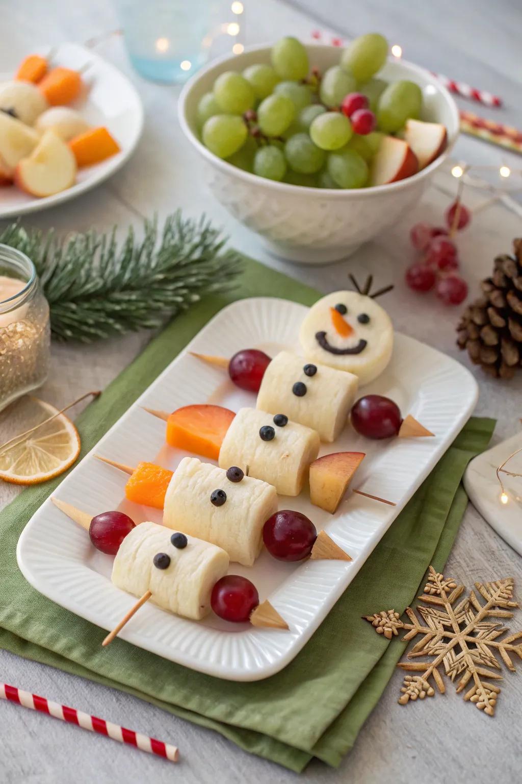 Adorable snowman fruit kabobs for a festive brunch.