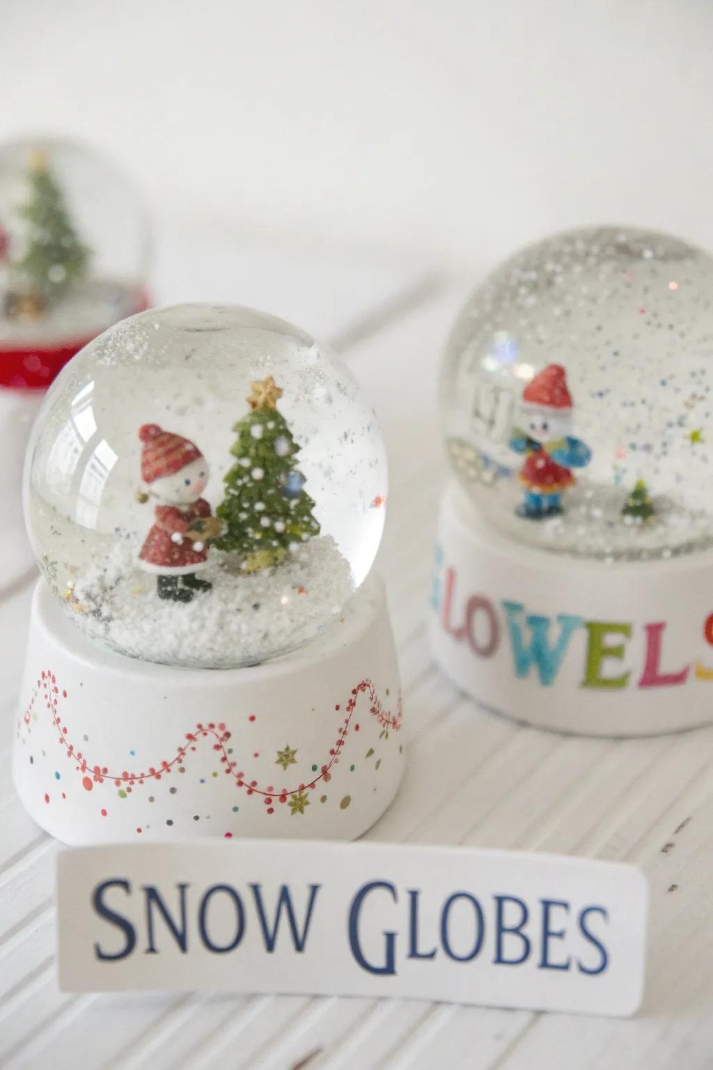 Individualized snow globes contribute a hint of wizardry to your tablescape.