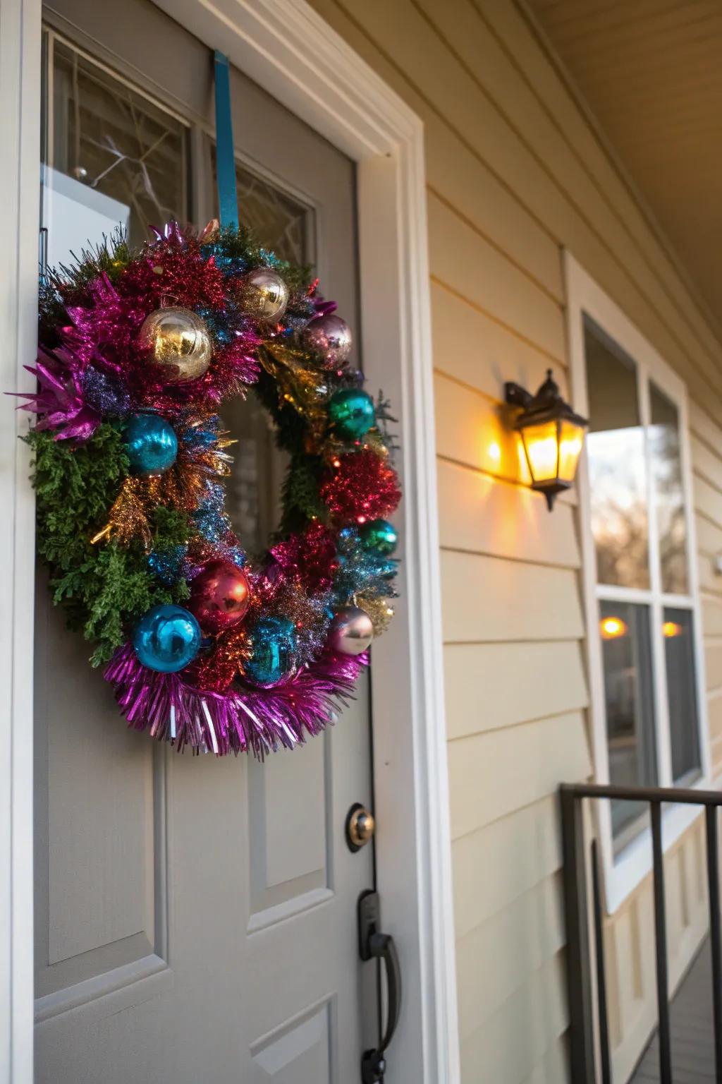 A vibrant sparkle ribbon wreath extends a festive salutation at the portal.