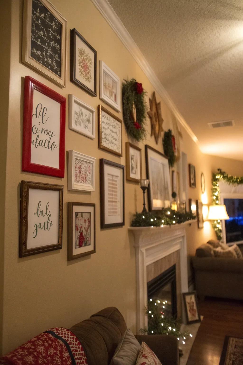 Framed holiday quotes infusing a tailored element into the décor.
