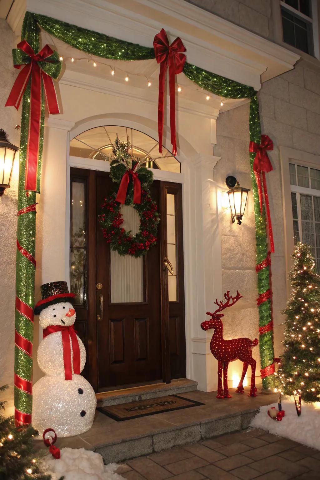 A doorway beautifully accented with seasonal decorations.