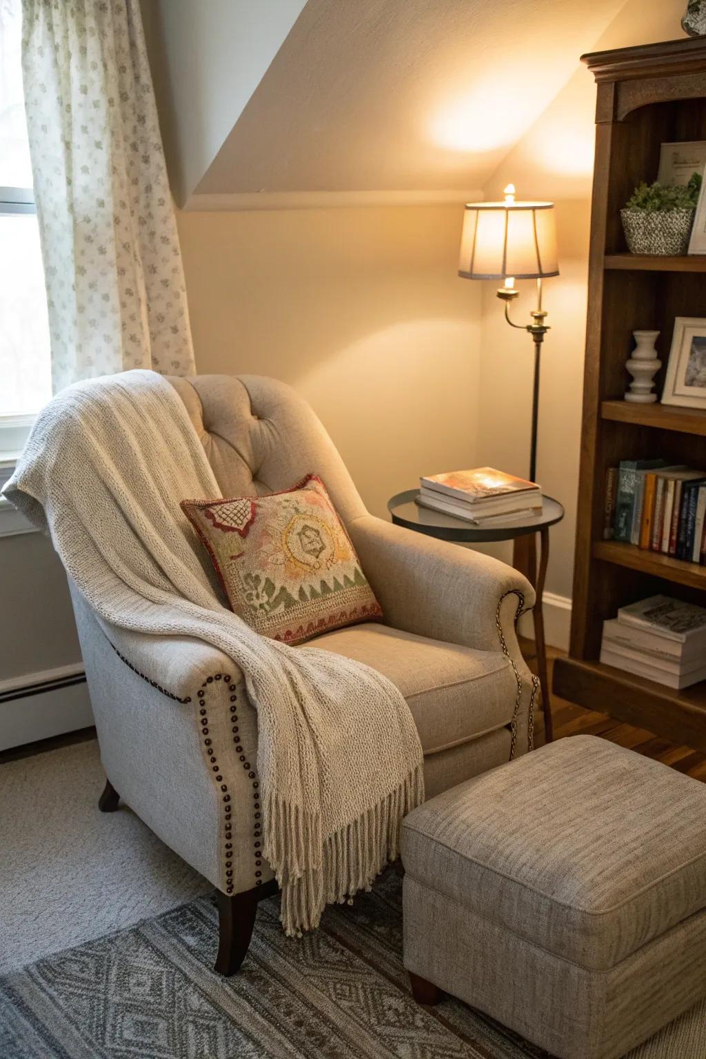 A cozy reading space introduces a personal escape within your bedroom.