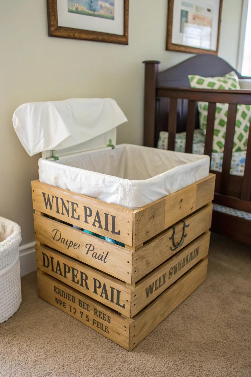 A repurposed wine crate delivers rustic appeal and utility as a distinctive linen receptacle.