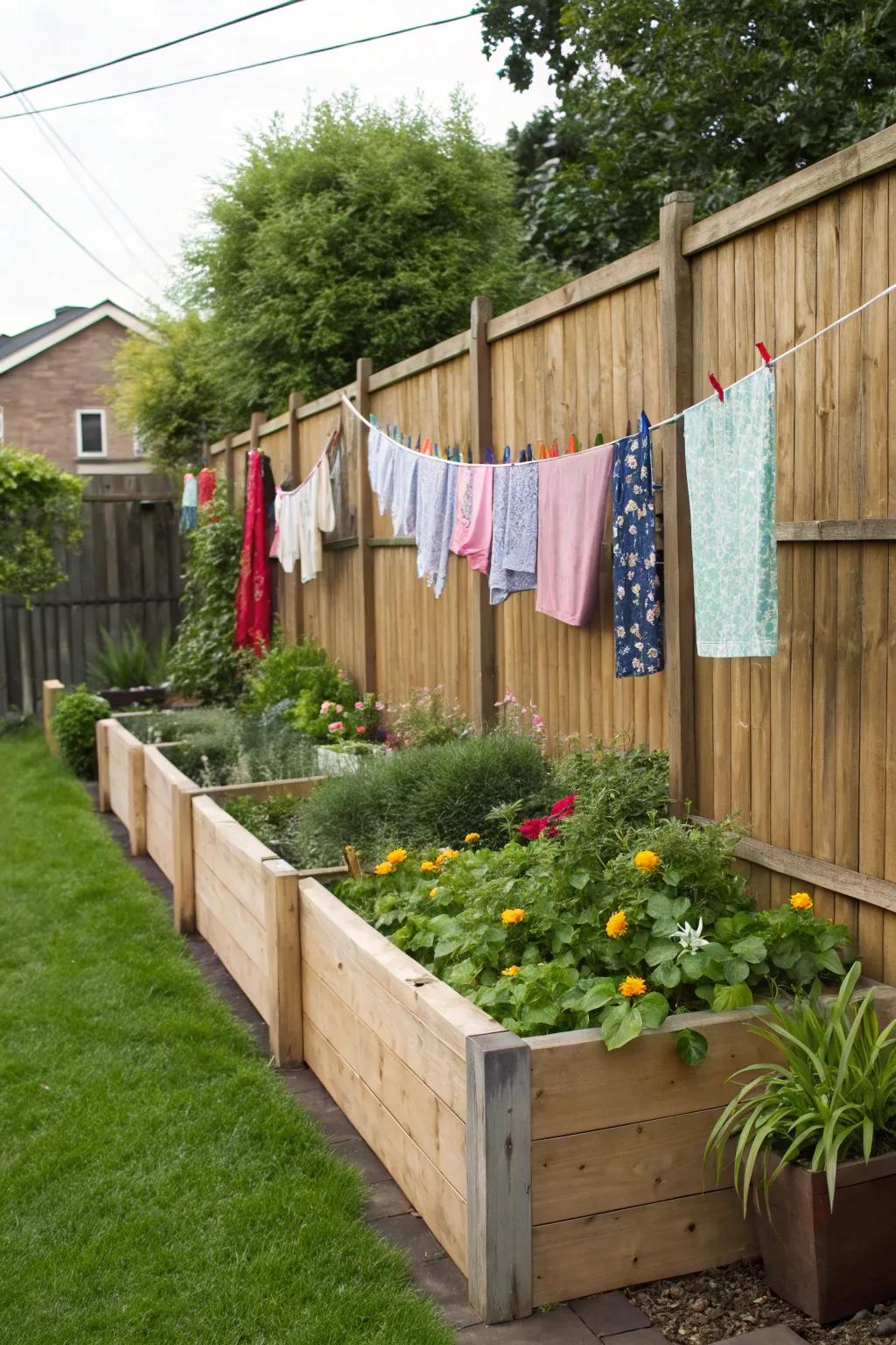 A garden fence acts as a useful clothesline support.