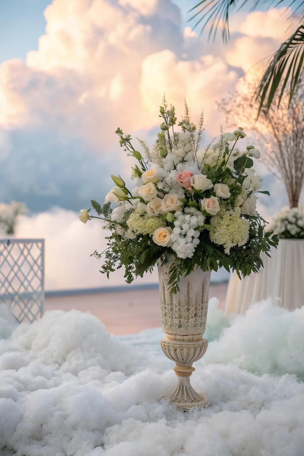 Botanical compositions contribute a fresh and delicate element to the cumulus-themed decorations.