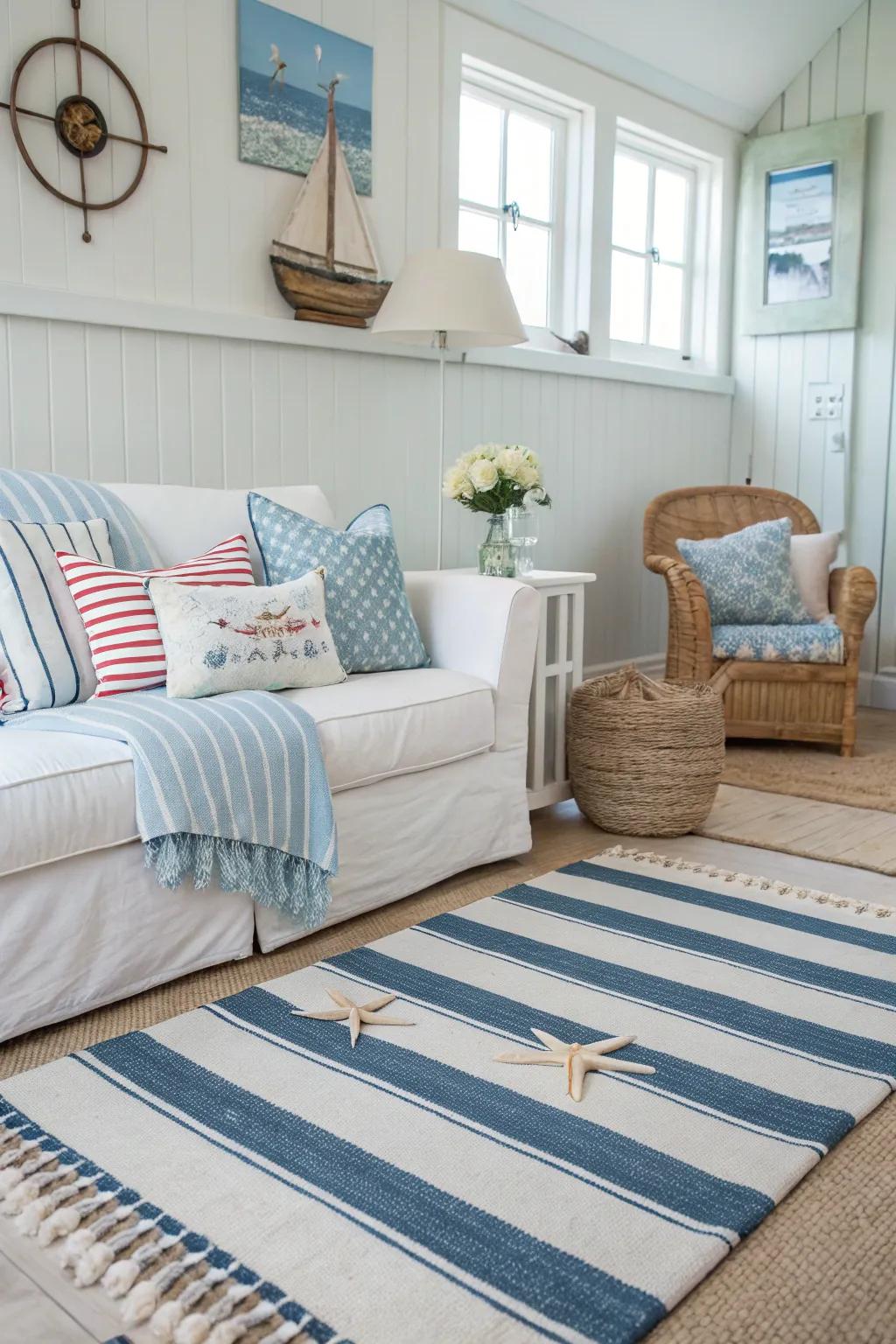 A room featuring stripes for a classic nautical touch.