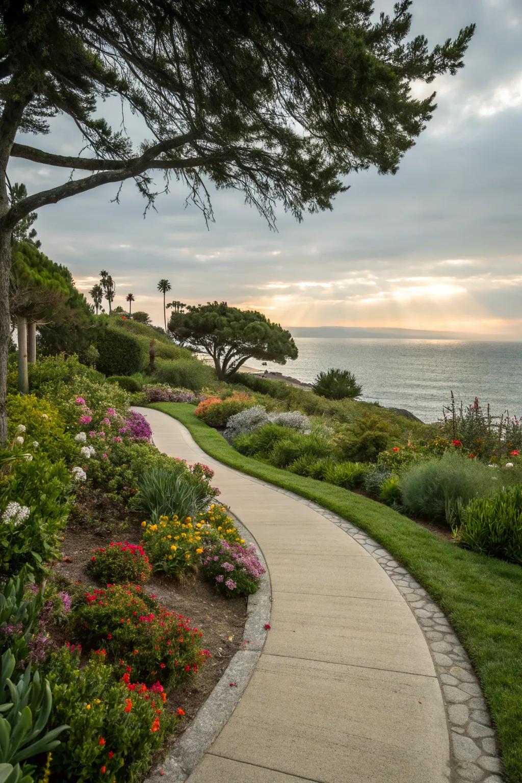 Softly curved paths encourage discovery in a coastal garden.
