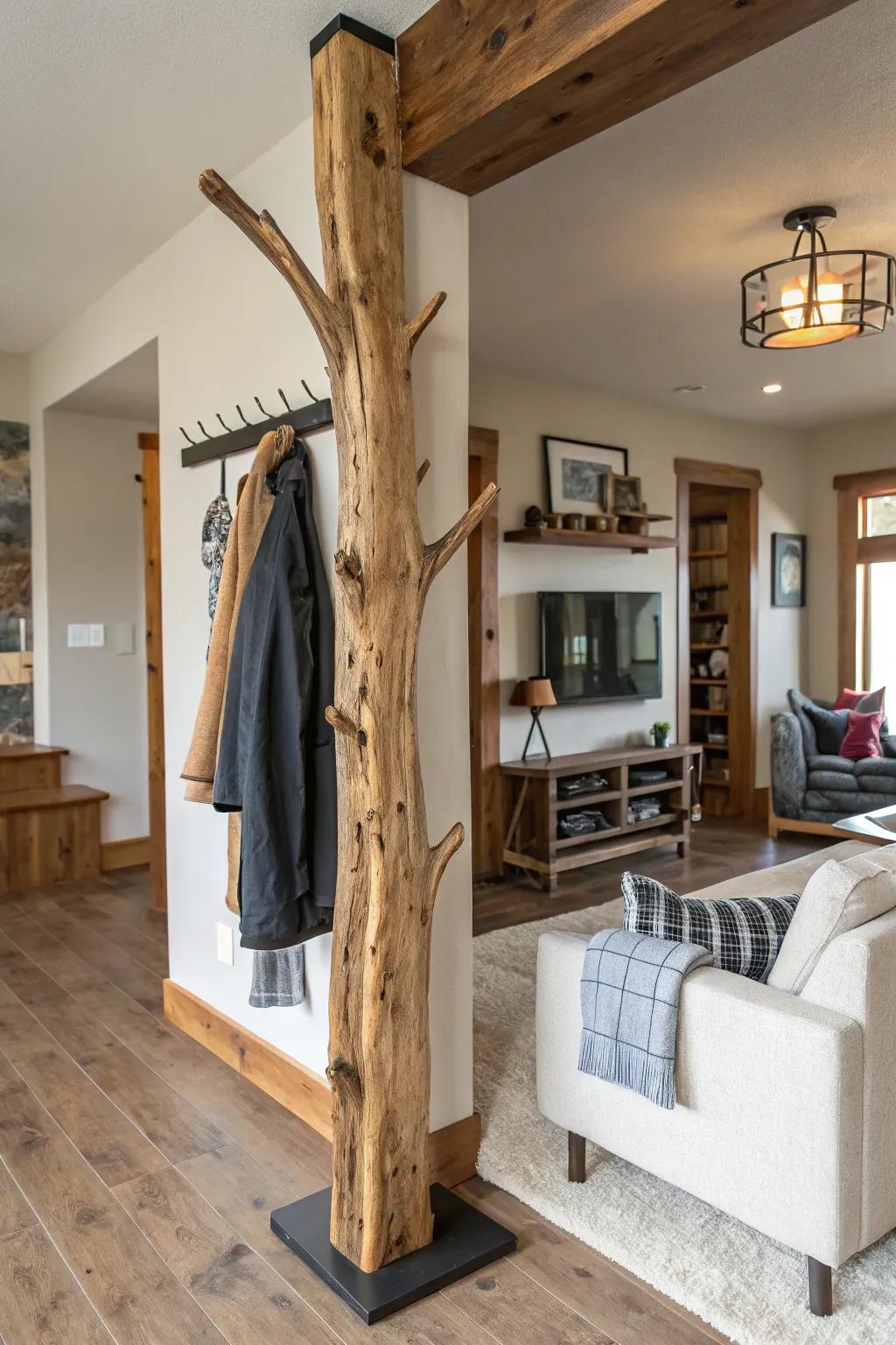 An organic edge wood coat rack, showcasing the natural beauty of raw materials.