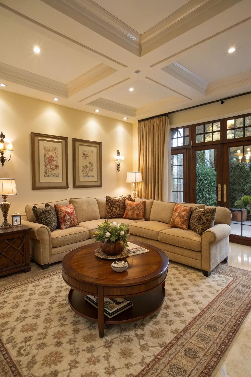 An oval coffee table offers elegance and functionality within a sectional setup.