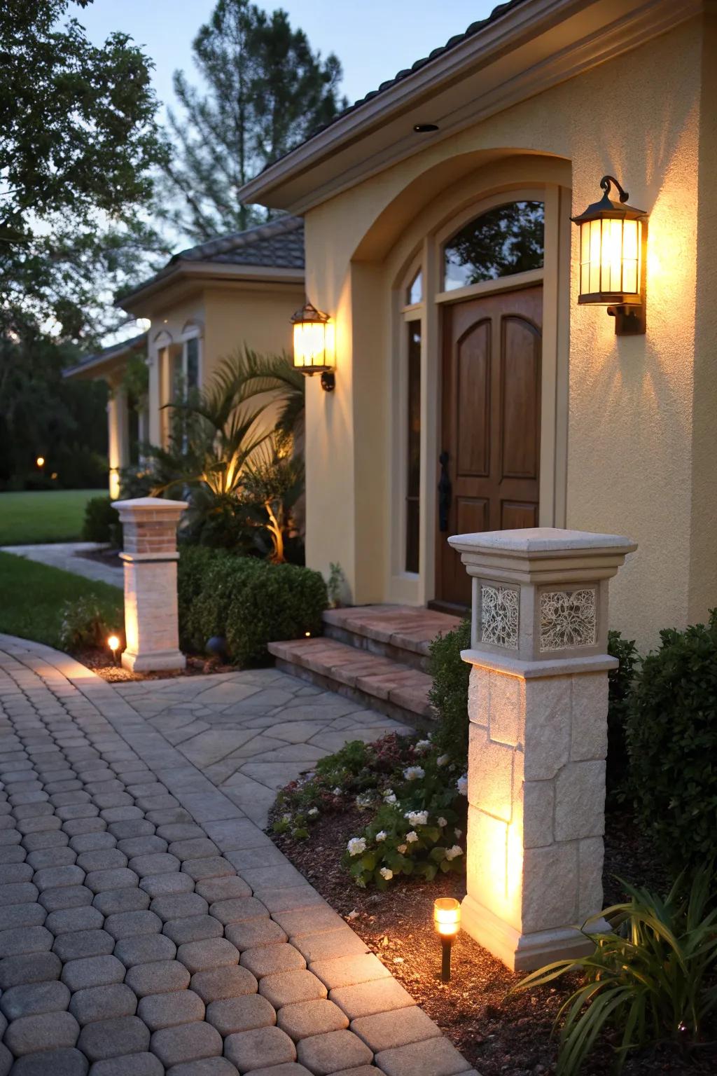 Welcome visitors with warmly lit entry pillars.