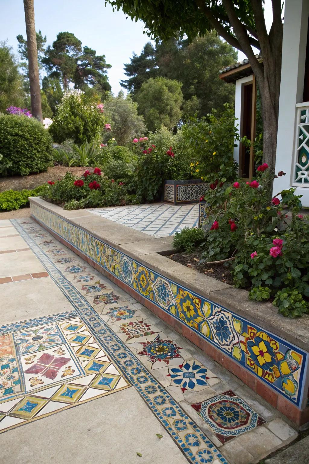 Mosaic tiles introduce artistry and color to patio borders.