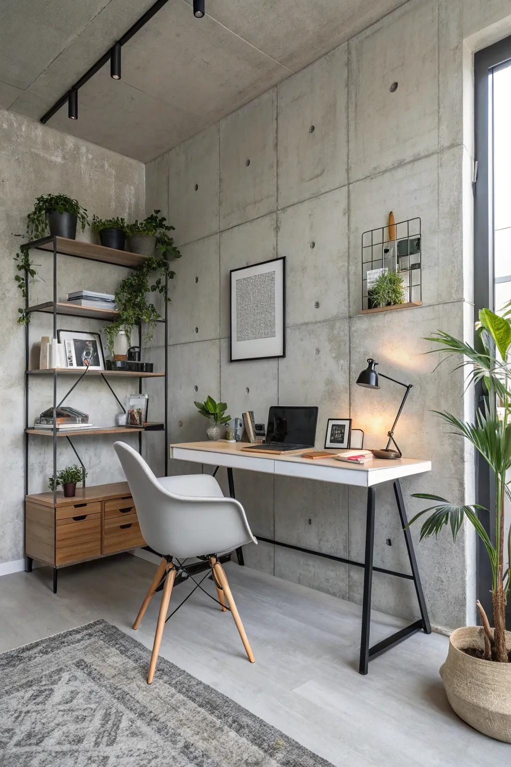 A concrete backdrop gives sophistication to home office spaces.