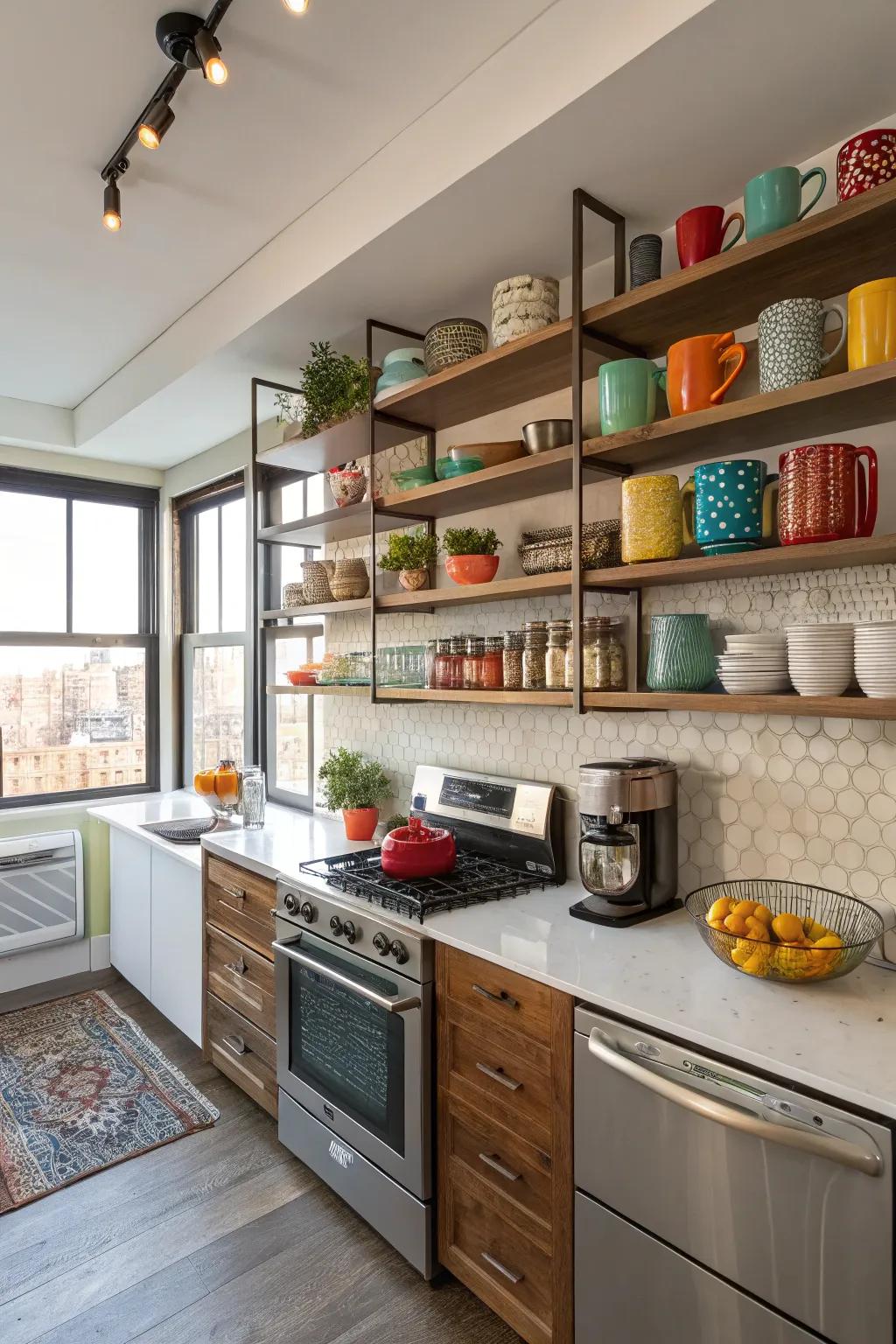 Wall shelving adds style and accessibility to your kitchen.